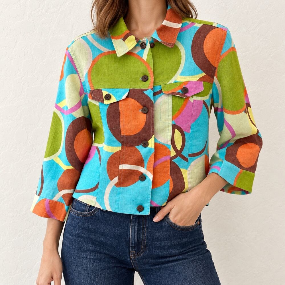 TRANSITIONS Colorful Abstract 100% Linen Cropped Jacket Small 3/4 Sleeve Retro